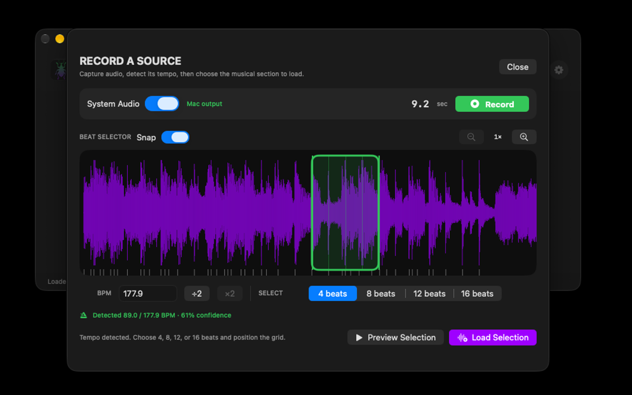 Record system audio and select a beat with tempo detection and transient snapping