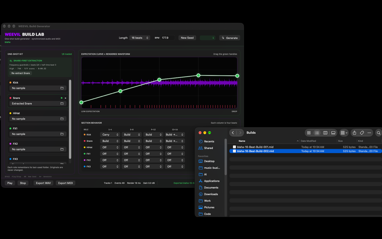 WEEVIL Build Lab exporting MIDI files to Finder