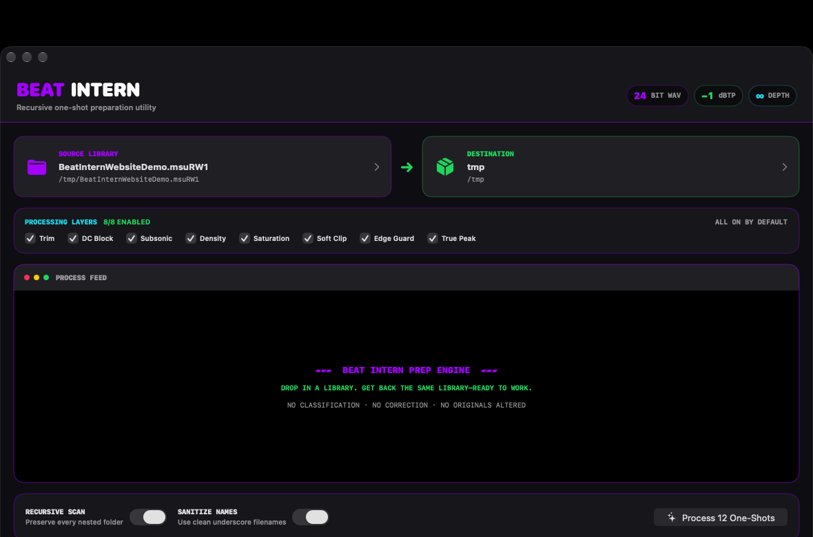 Beat Intern with a source library and destination selected, eight processing layers enabled, and twelve one-shots ready