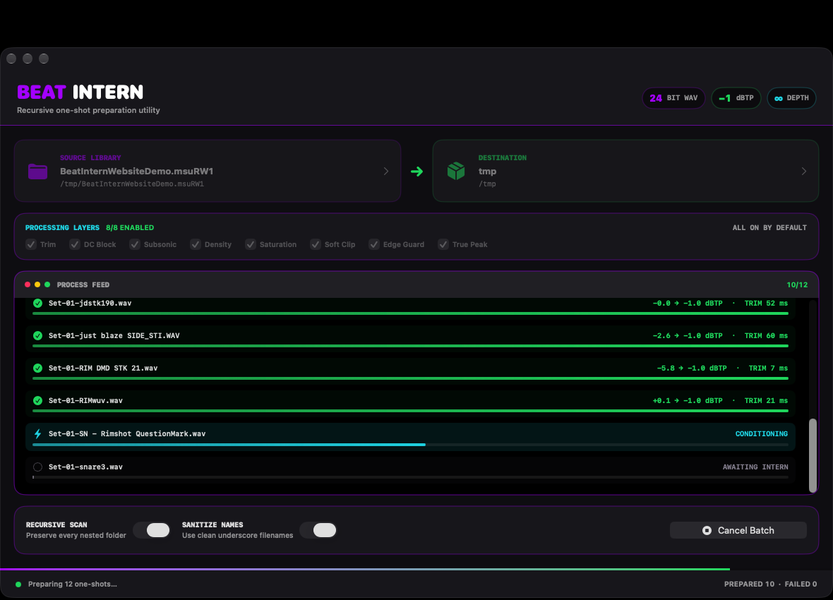 Beat Intern processing twelve one-shot files with visible per-file progress, trim time, and true-peak movement